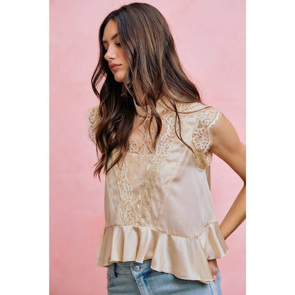 SATIN MOCK NECK LACE TRIM PEPLUM BLOUSE TOP