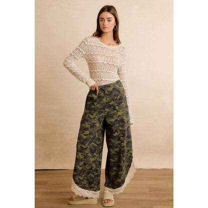 CAMO PRINT LACE HEM FULL LENGTH WIDE LEG PANTS