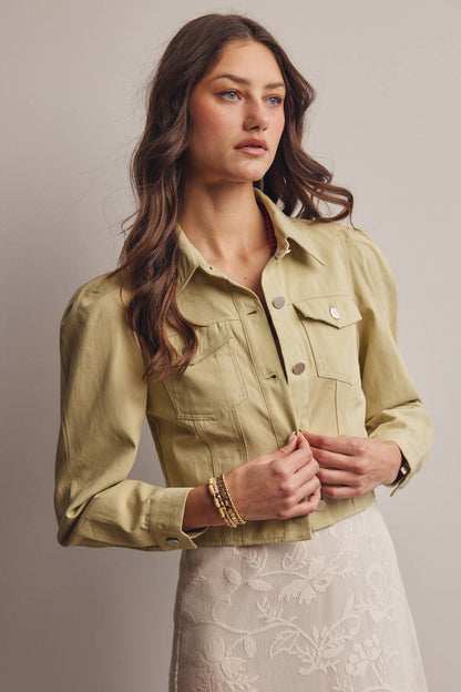 Lightweight Twill Puff-Sleeve Cropped Jacket