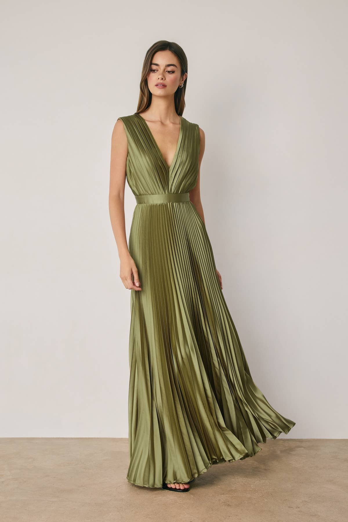 Pleated Satin V Neck Maxi Dress