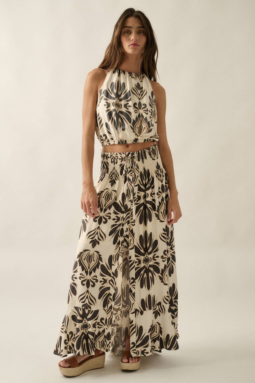 Ornate Floral-Print Button-Front Drawstring Maxi Skirt