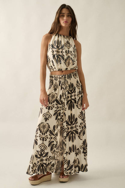 Ornate Floral-Print Button-Front Drawstring Maxi Skirt