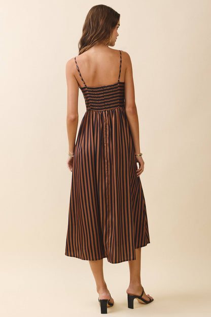 Striped V Neck Smocked Back Midi Dress