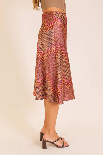 Geo Print Satin Midi Skirt