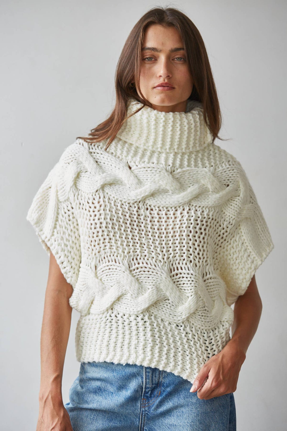Knit Sweater Cable Knit Turtle Neck Sleeveless Top