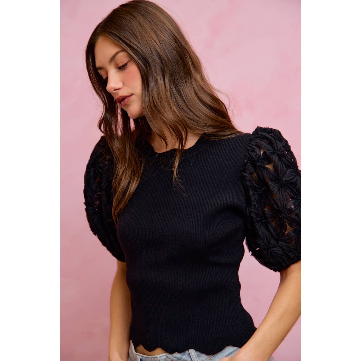 3D FLORAL CONTRAST SLEEVE SCALLOP SWEATER KNIT TOP