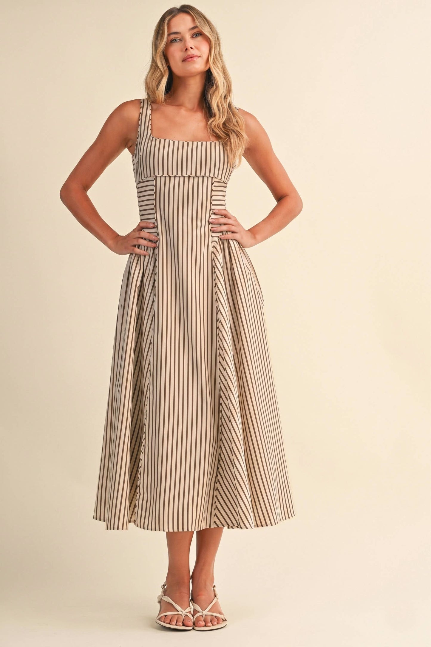 STRIPED BACK BUCKLE PIPING DETAIL MIDI DRESS