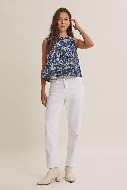 COASTAL DAY CHAMBRAY EMBROIDERED BLOUSE WITH BACK BOW