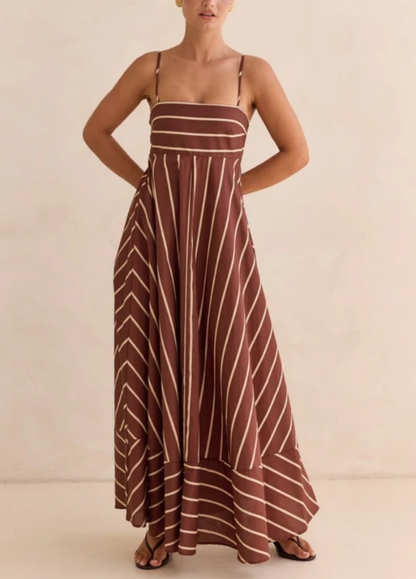 Striped Print High Waist Flared Maxi Dress