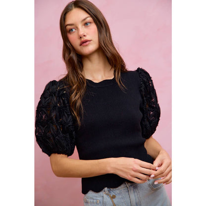 3D FLORAL CONTRAST SLEEVE SCALLOP SWEATER KNIT TOP