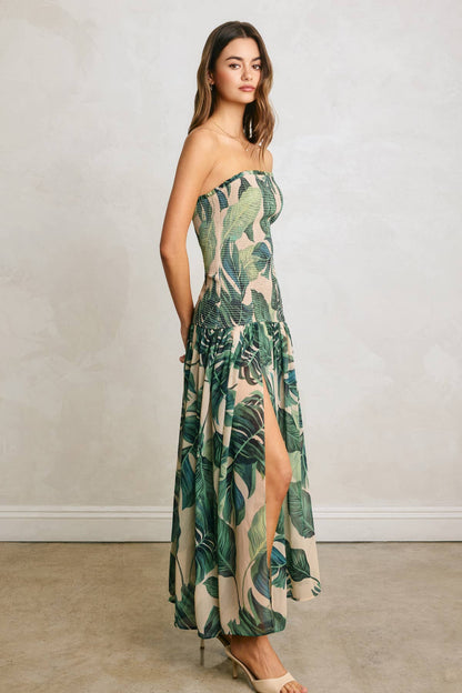 Hidden Oasis Strapless Drop Waist Smocked Dress