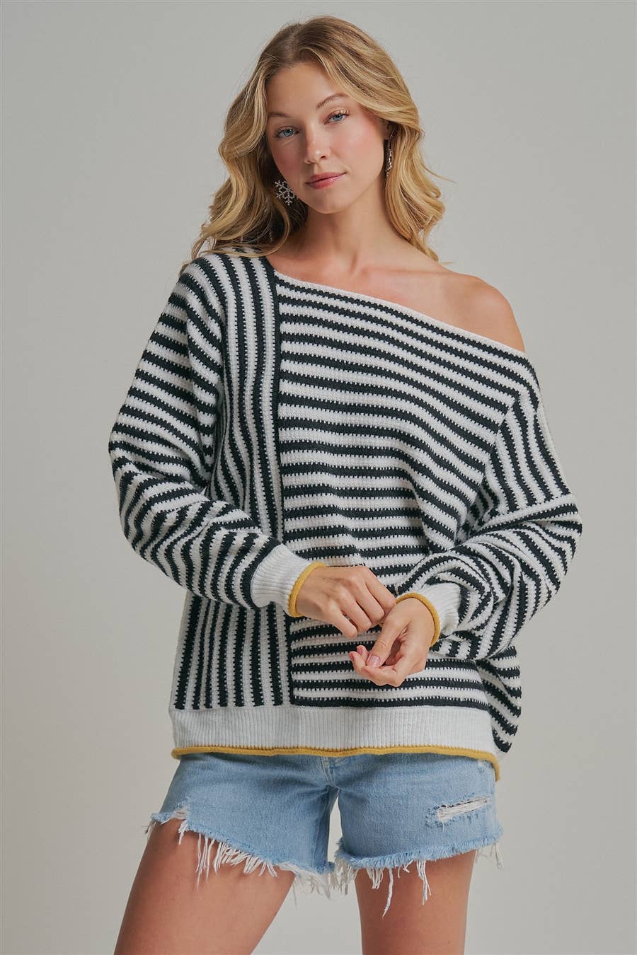 OVERSIZED STRIPE OFF SHOULDER SWEATER TOP