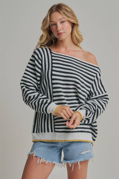 OVERSIZED STRIPE OFF SHOULDER SWEATER TOP