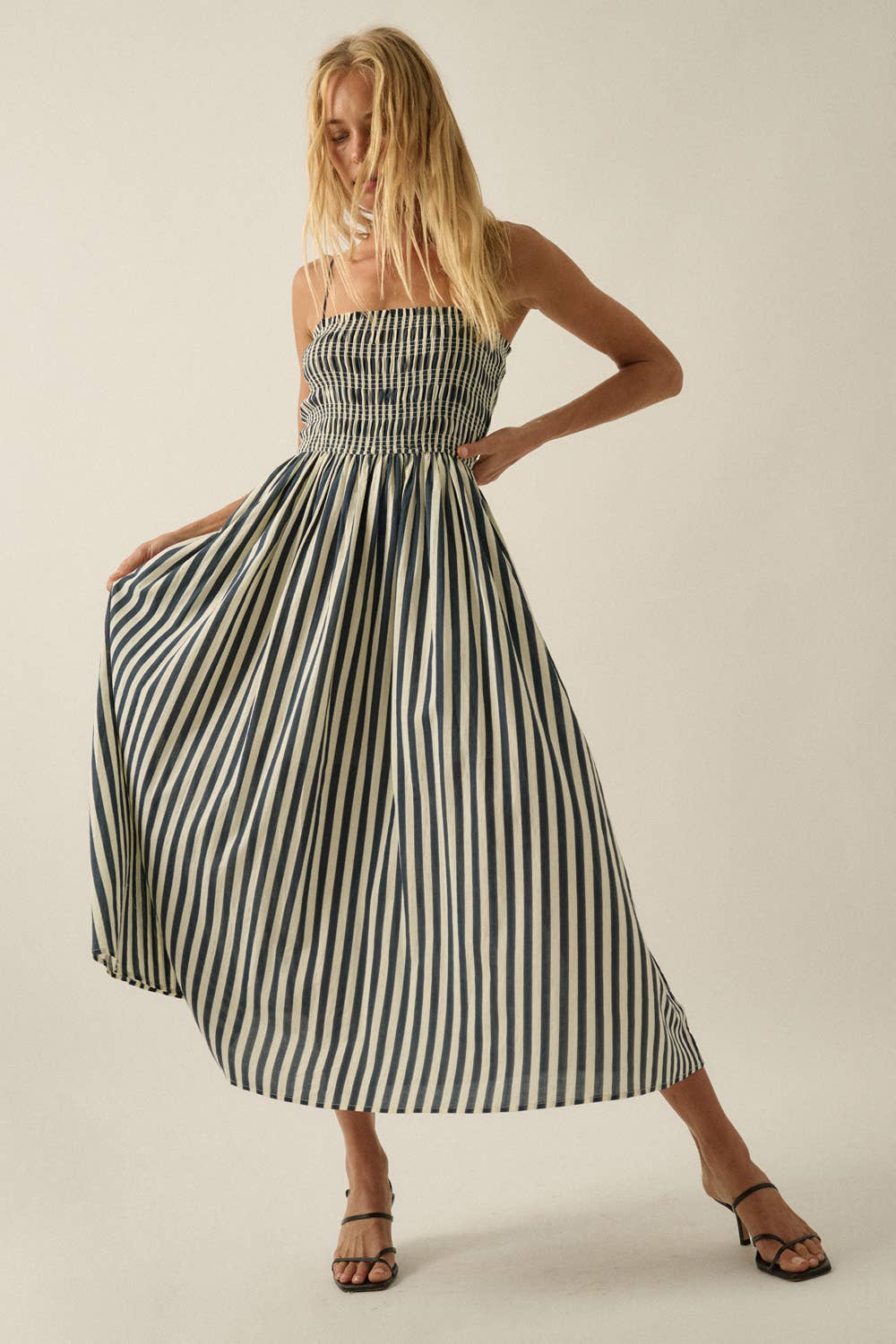 Striped Cotton-Blend Smocked Pocket Midi Dress