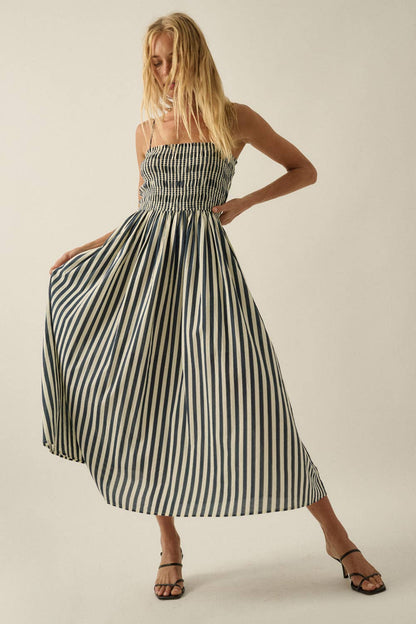 Striped Cotton-Blend Smocked Pocket Midi Dress