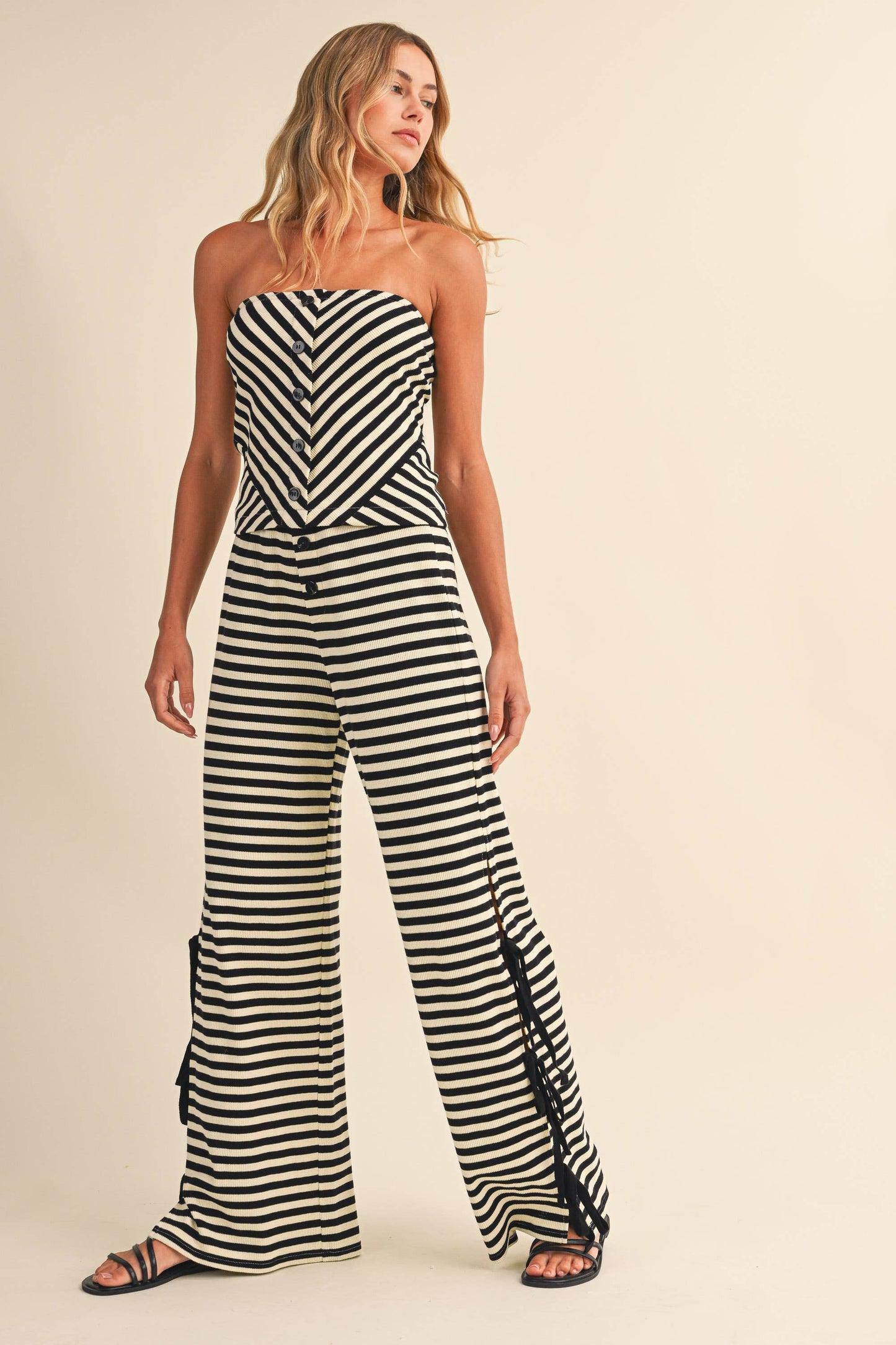 STRIPED TUBE TOP AND PANTS WITH SIDE BOW DETAILS
