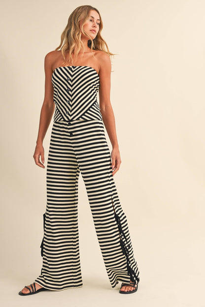 STRIPED TUBE TOP AND PANTS WITH SIDE BOW DETAILS