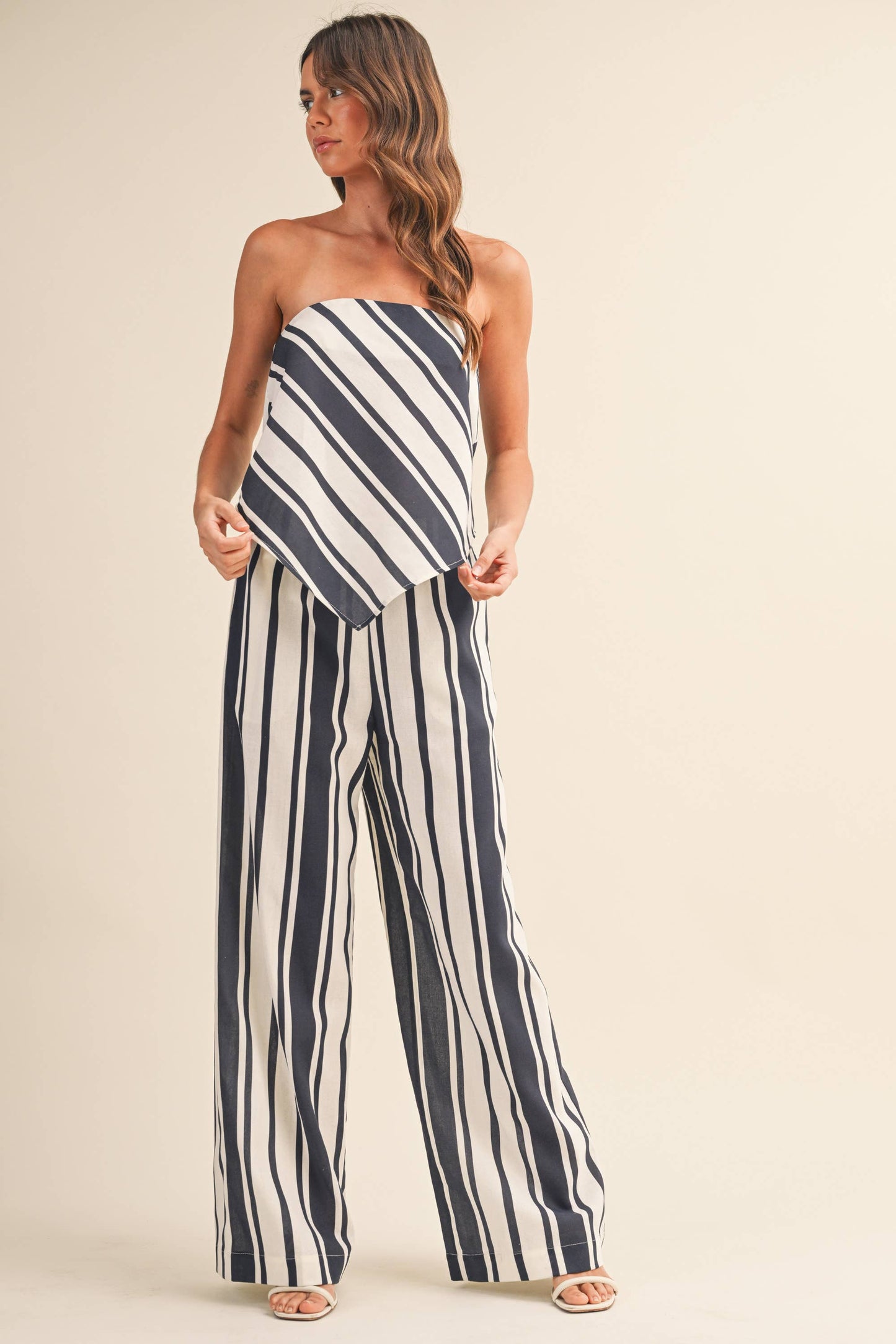 STRIPED LINEN TUBE TOP AND WIDE LEG PANTS SET