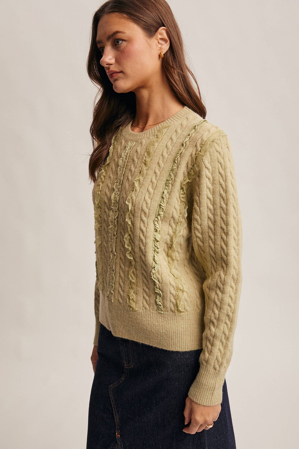 Lace Trim Cable Knit Pullover