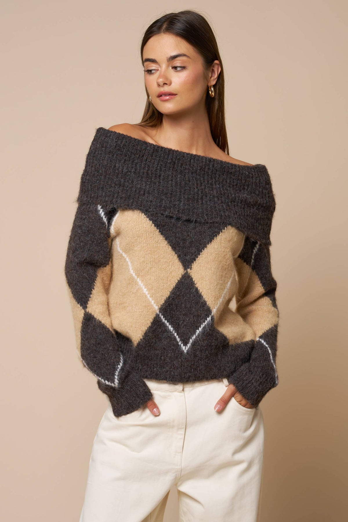 Off Shoulder Argyle Knit Sweater