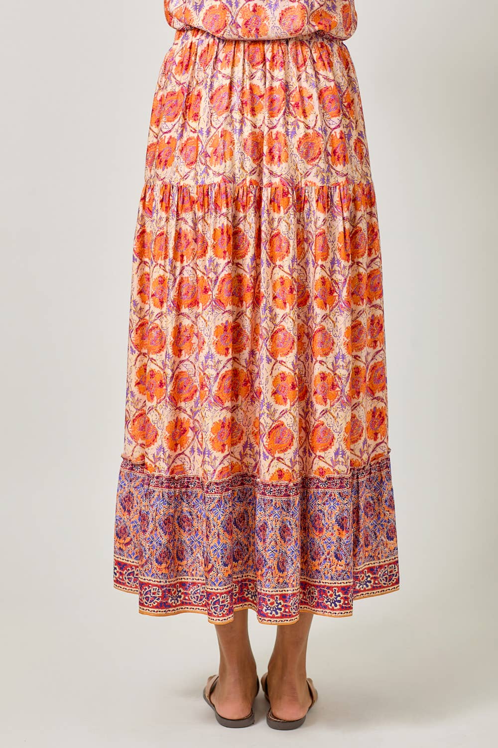 Border Print Tiered Long Skirt