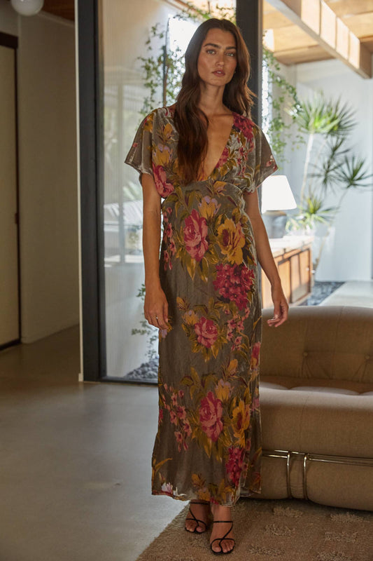 Woven Floral Print Short Sleeve Maxi