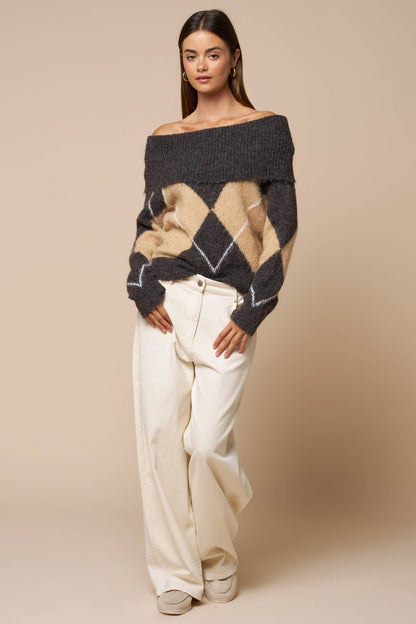 Off Shoulder Argyle Knit Sweater