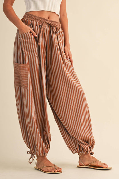 STRIPED DOUBLE GAUZE CONTRAST POCKET BALLOON PANTS