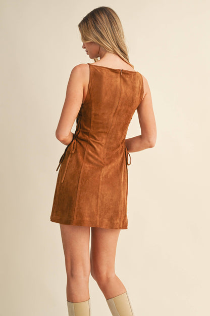 SUEDE SIDE LACE UP SLEEVELESS BOAT NECK MINI DRESS