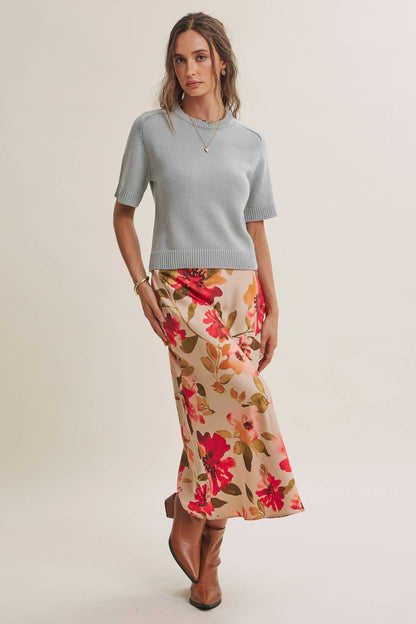 DRAPES SMOOTHLY SOFT FLORAL SATIN BIAS CUT MIDI SKIRT