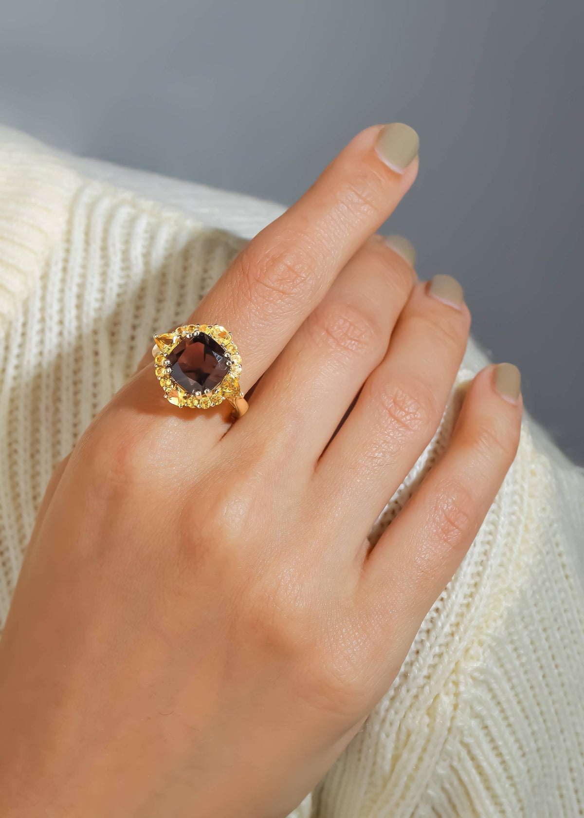 Gold Plated 925 Silver Golden Eclipse Smoky Quartz Ring