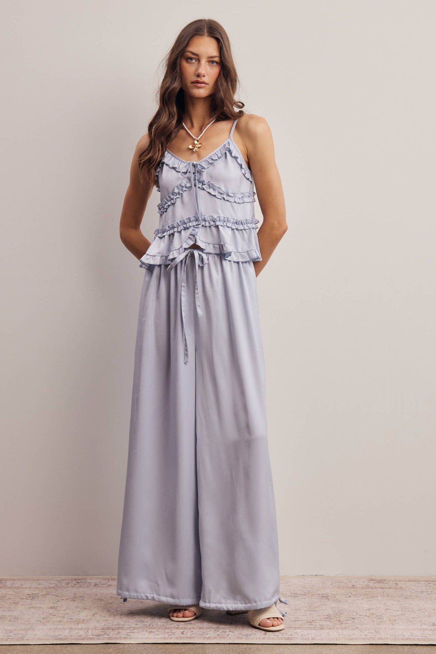 Ruffle Trim Tie Front Cami Top