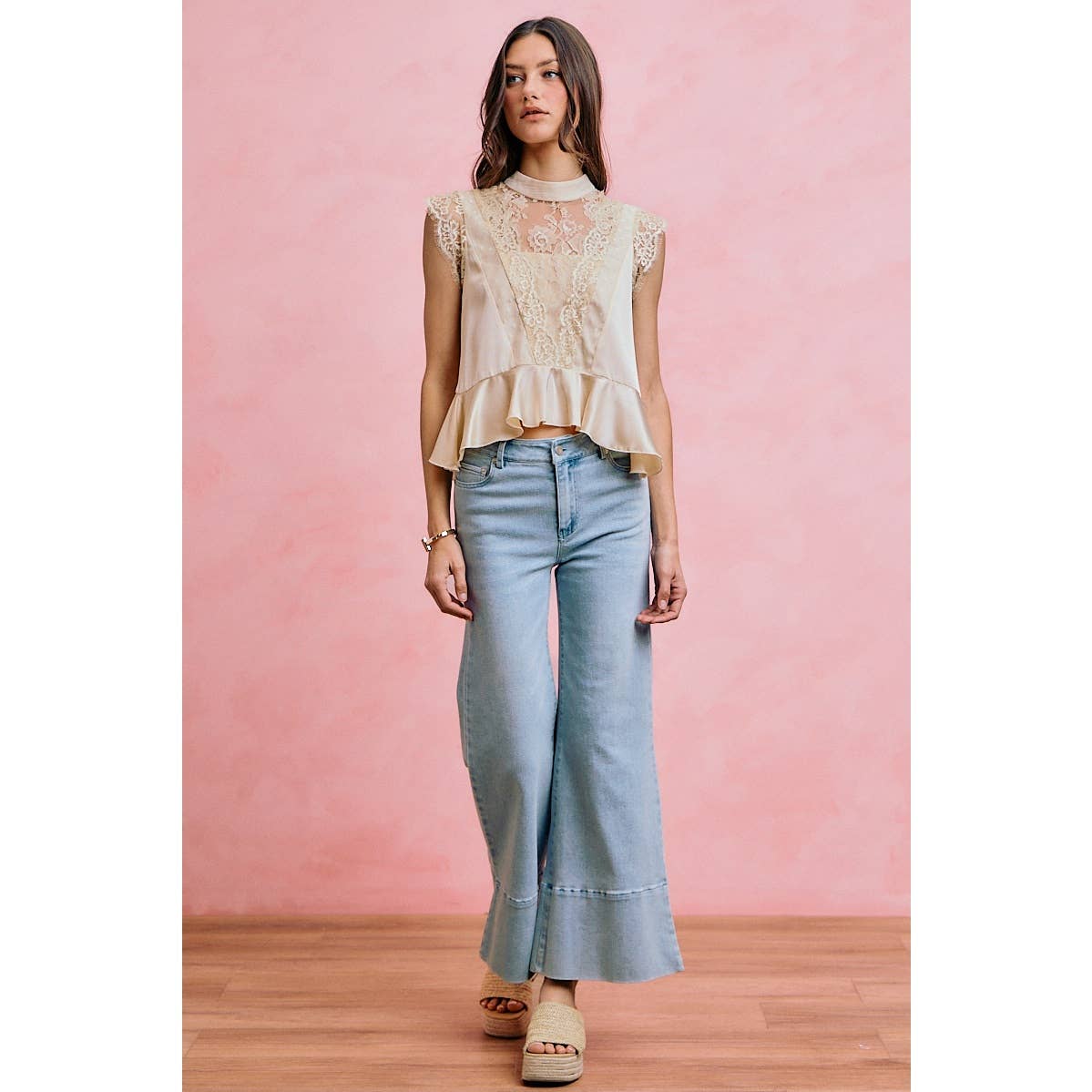 SATIN MOCK NECK LACE TRIM PEPLUM BLOUSE TOP