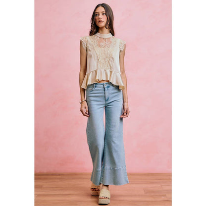 SATIN MOCK NECK LACE TRIM PEPLUM BLOUSE TOP