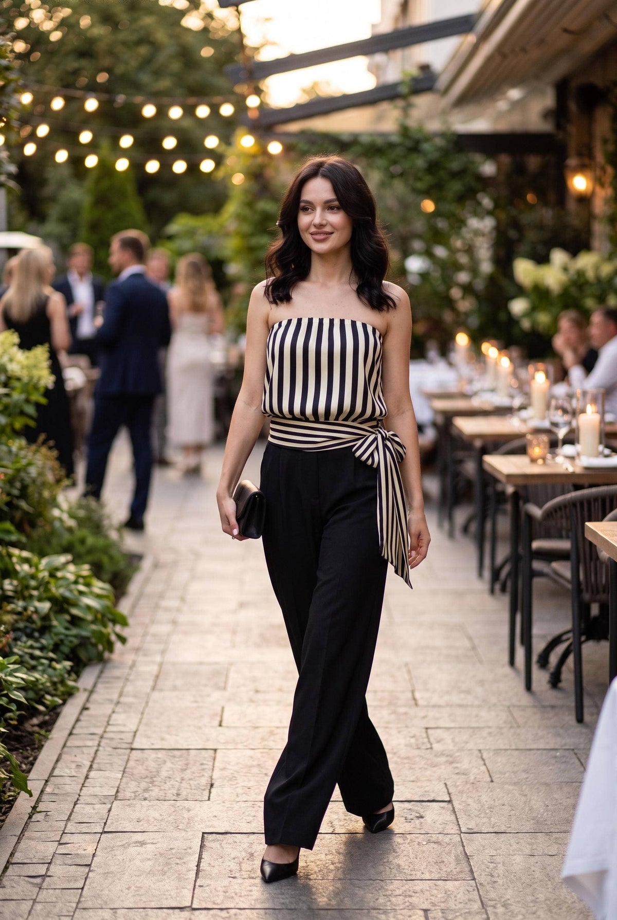 Striped Satin Strapless Tie Waist Top