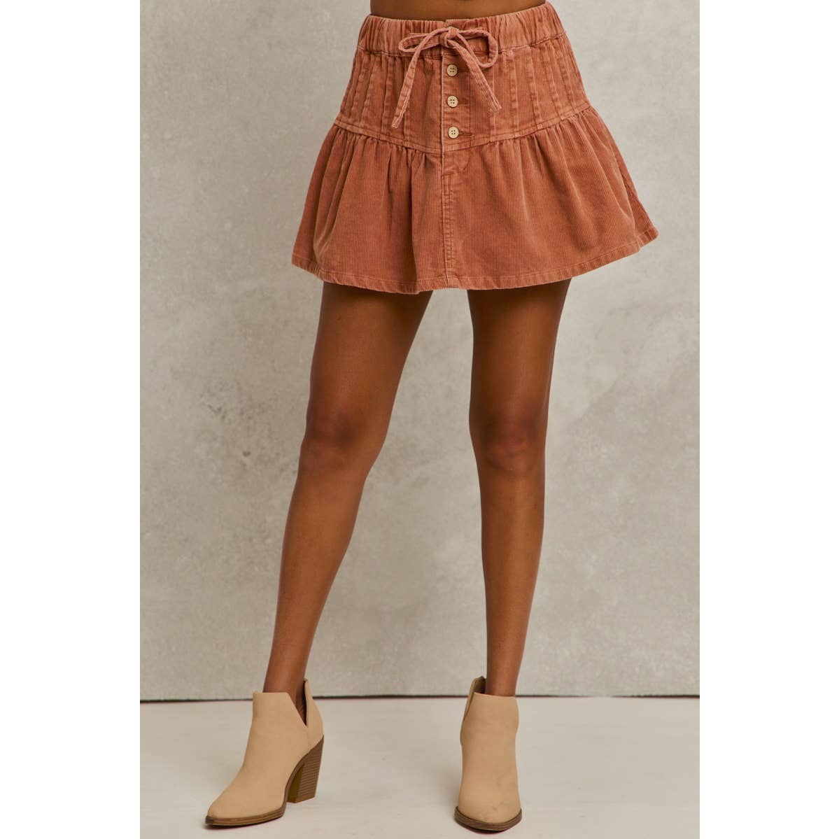 MINERAL WASH PINTUCKED CORDUROY MINI FLARED SKIRT