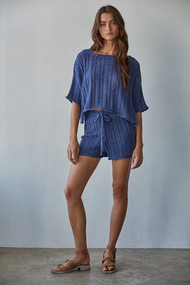 Knit  Acrylic Crew Short Sleeve Sweater