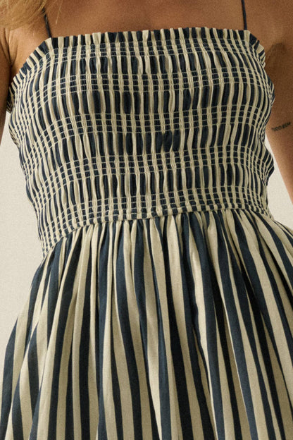 Striped Cotton-Blend Smocked Pocket Midi Dress