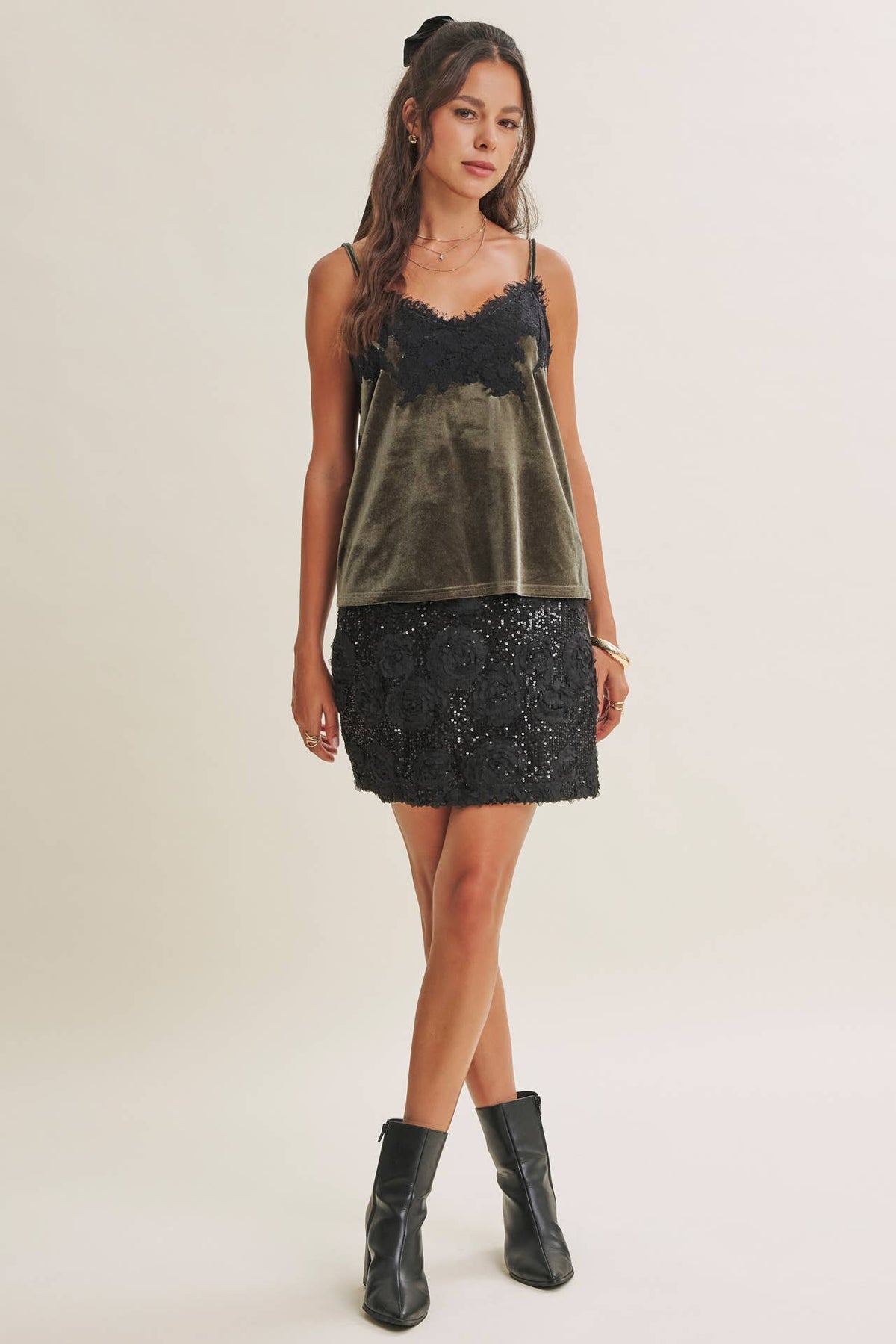 EVENING WHISPER ELEVATED EYELASH LACE VELVET CAMI