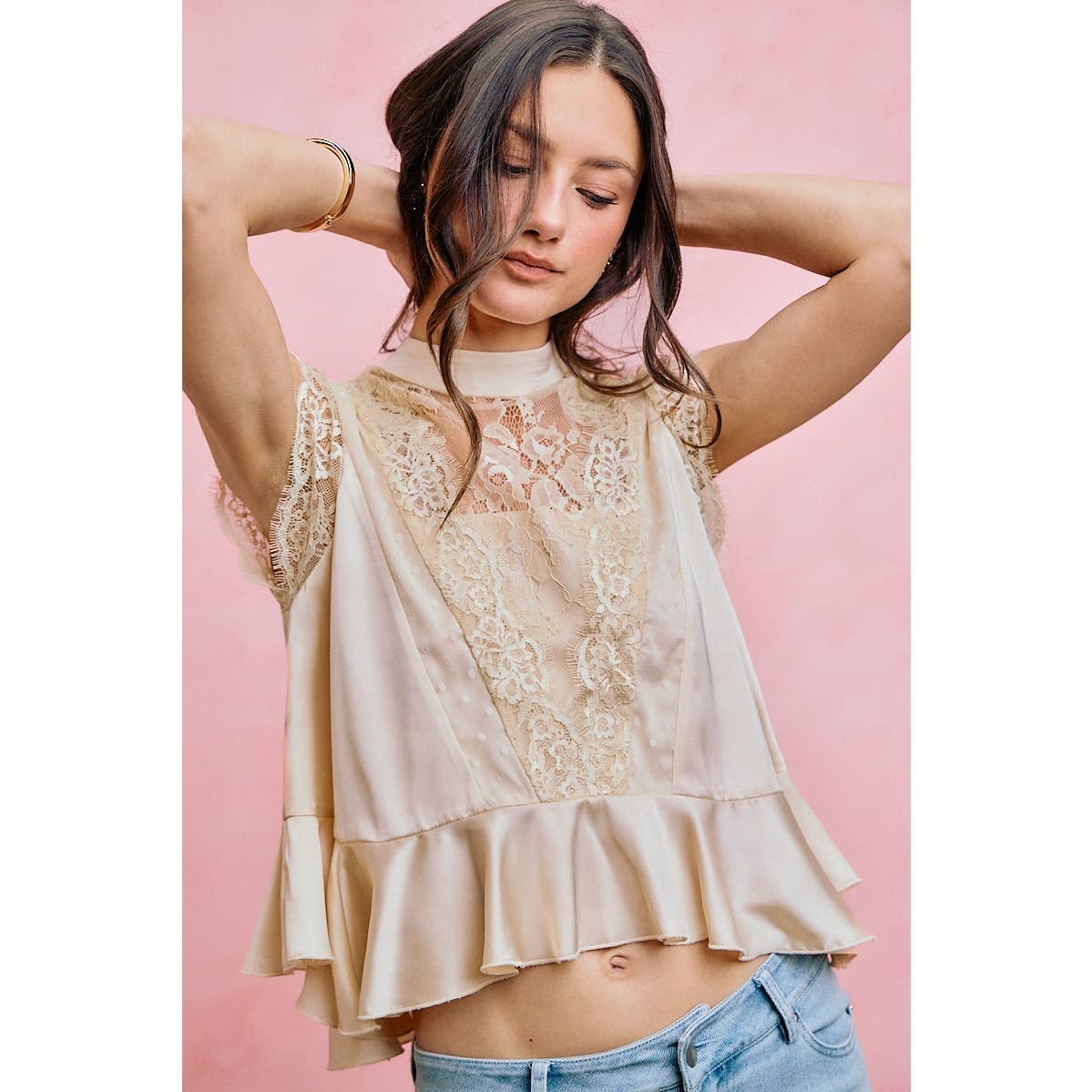 SATIN MOCK NECK LACE TRIM PEPLUM BLOUSE TOP