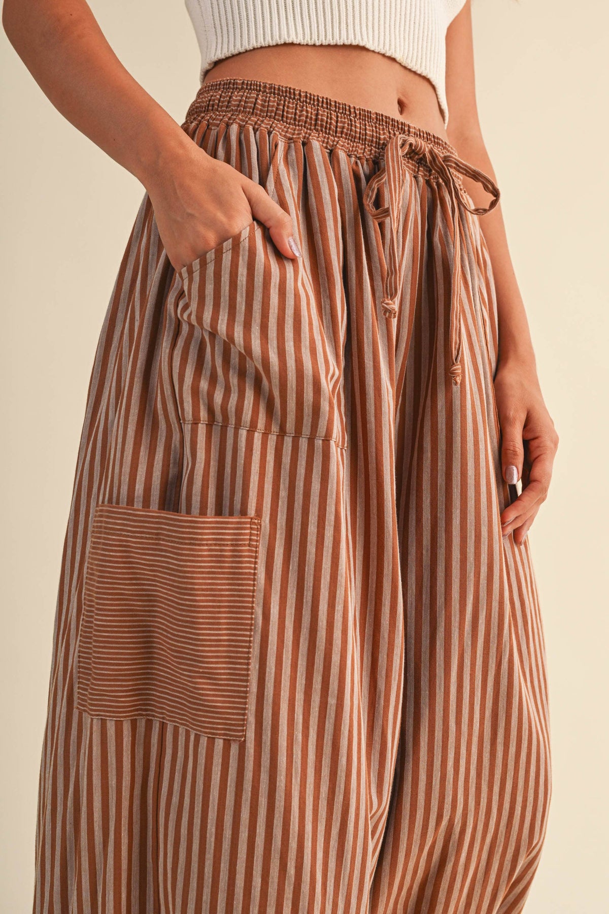 STRIPED DOUBLE GAUZE CONTRAST POCKET BALLOON PANTS