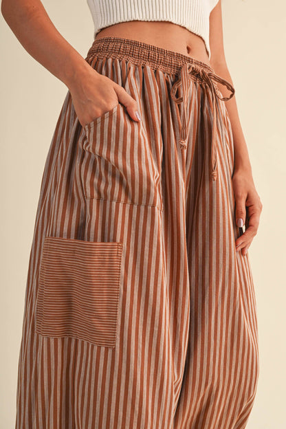 STRIPED DOUBLE GAUZE CONTRAST POCKET BALLOON PANTS