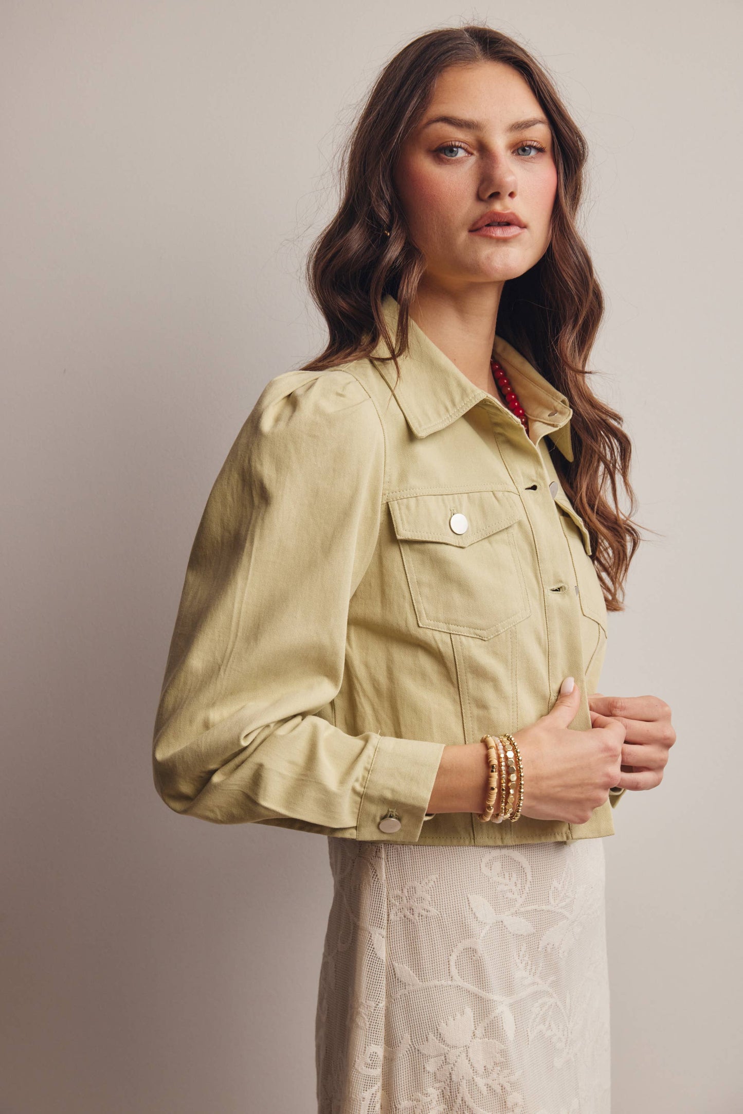 Lightweight Twill Puff-Sleeve Cropped Jacket