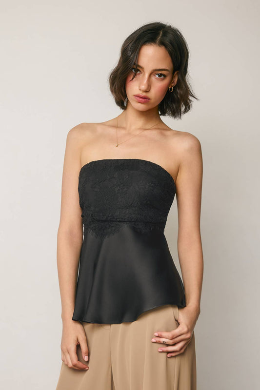Satin Strapless Lace Flared Top