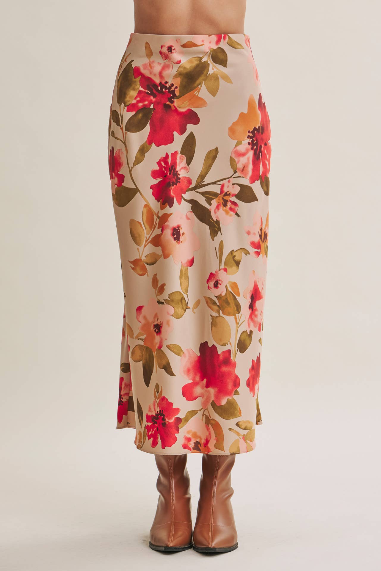DRAPES SMOOTHLY SOFT FLORAL SATIN BIAS CUT MIDI SKIRT