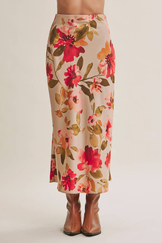 DRAPES SMOOTHLY SOFT FLORAL SATIN BIAS CUT MIDI SKIRT