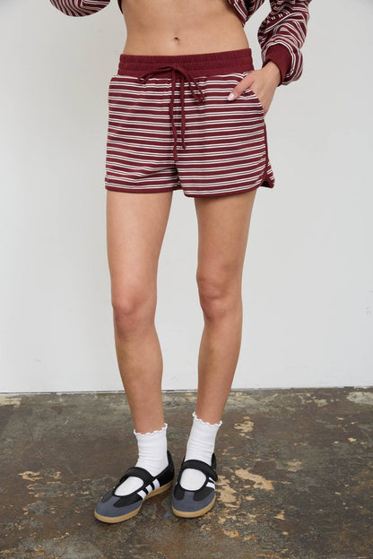 STRIPED CONTRAST WAIST KNIT LOUNGE SHORTS