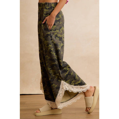 CAMO PRINT LACE HEM FULL LENGTH WIDE LEG PANTS