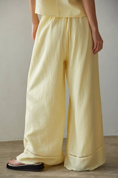 L9511B | Woven Cotton Waist Tie Strap Wide Leg Pants