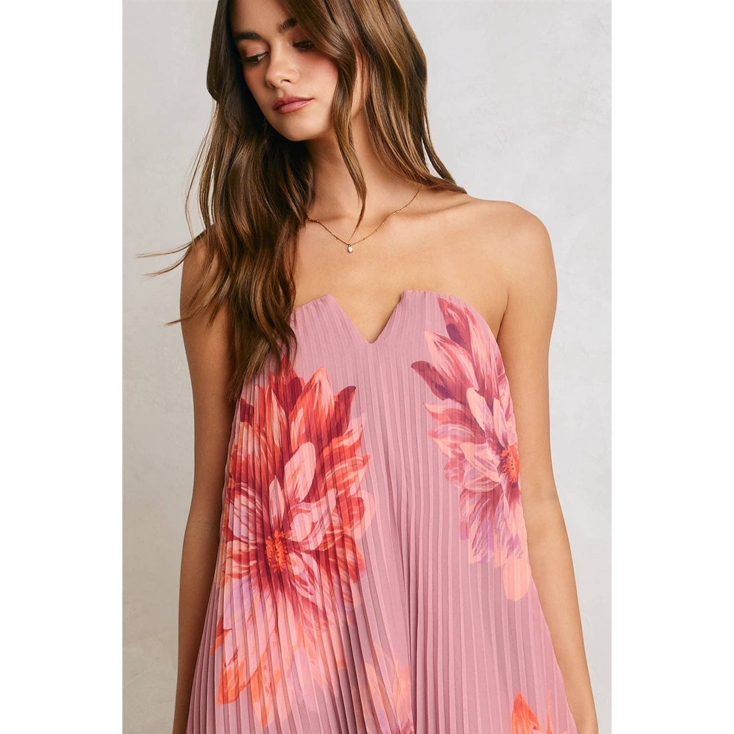 Floral Strapless Pleated Maxi Column Dress